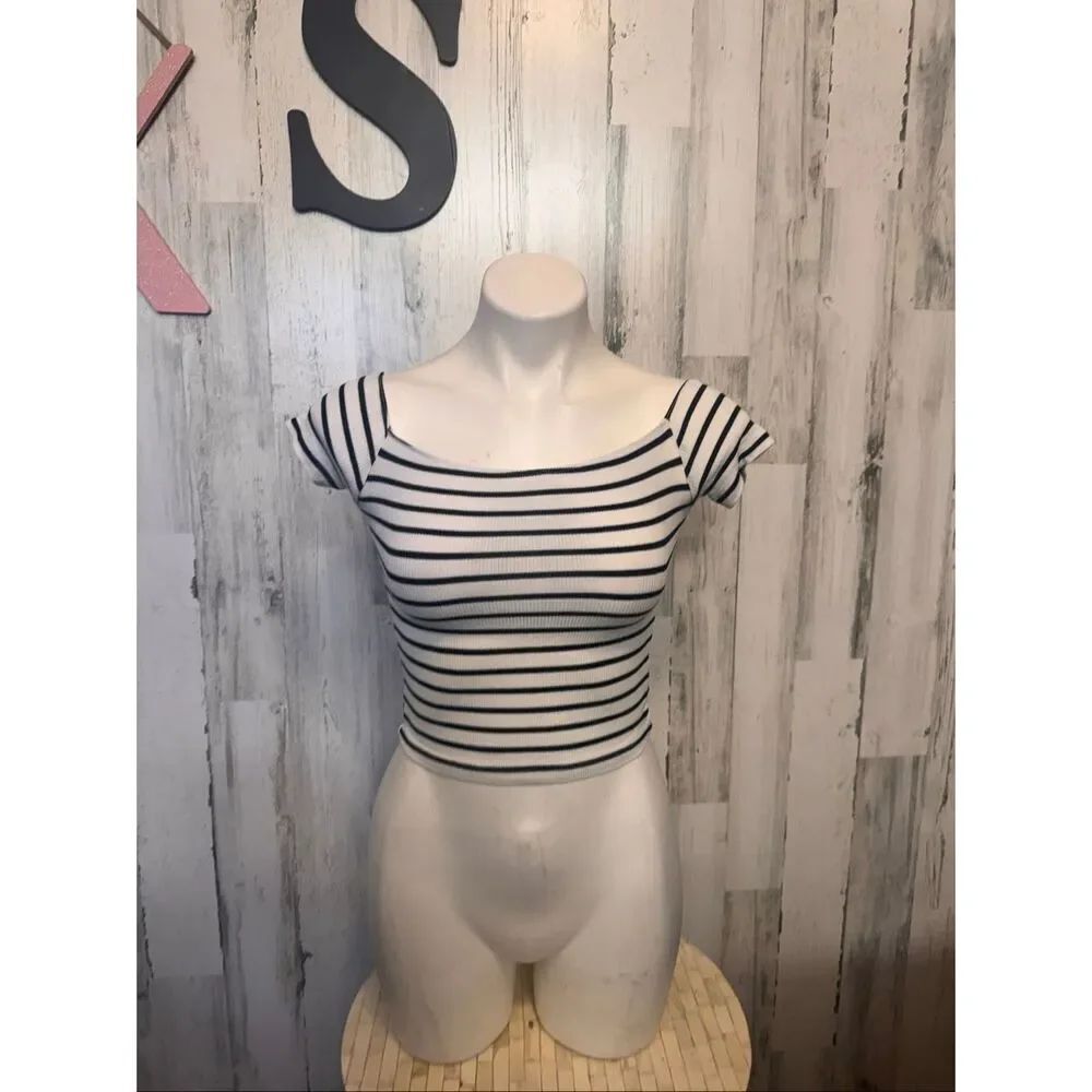 Streetwear Society Black White Striped Ribbed Crop Top Womens Extra Small XS Off